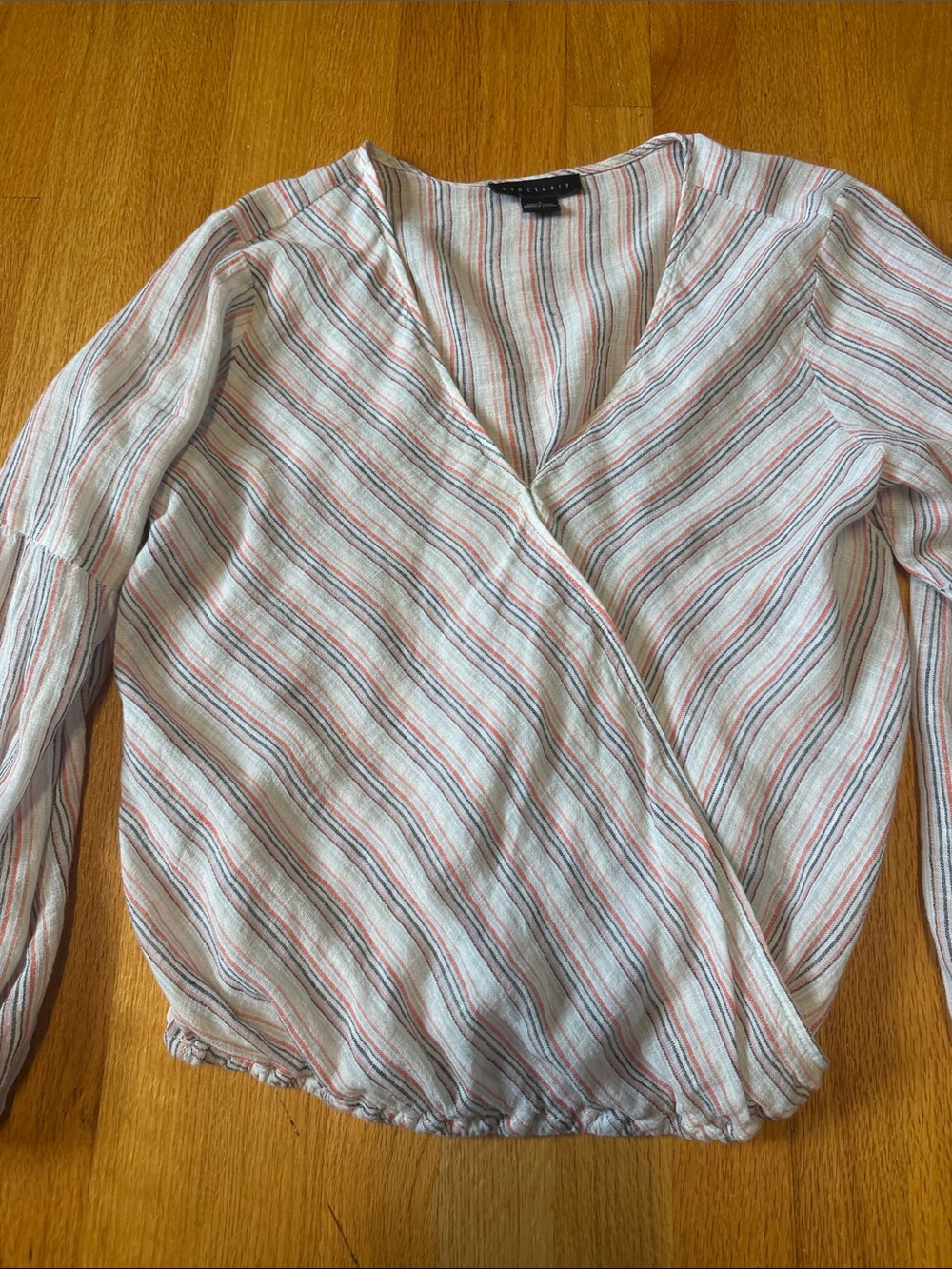 Sanctuary Cream Striped Wrap Blouse with Coral & Blue Lines